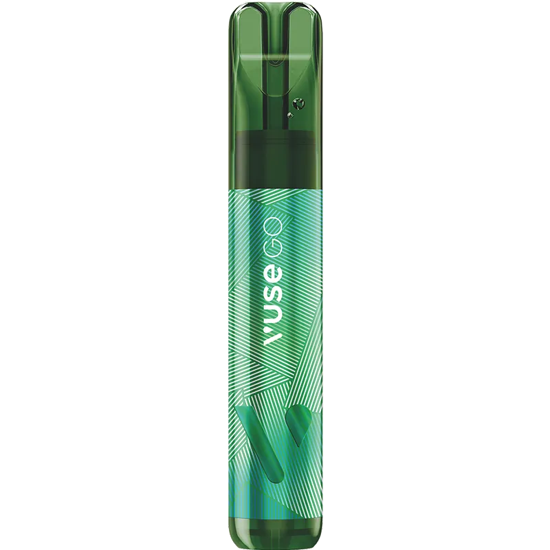 Spearmint flavoured Vuse GO disposable vape on a white background with product information below in gold boxes.