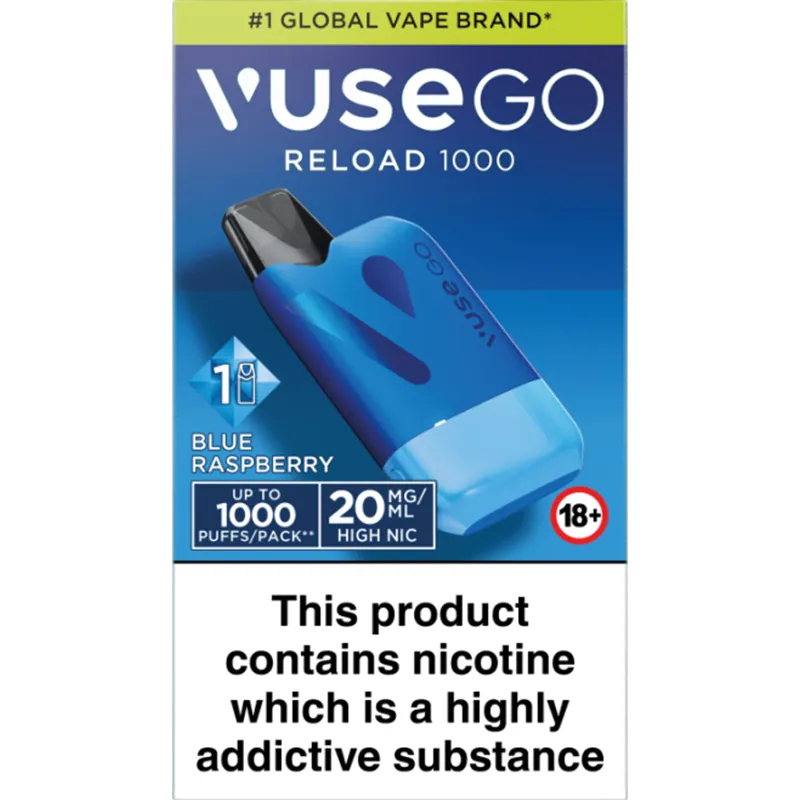 Blue raspberry Vuse GO Reload 1000 pod kit and box.