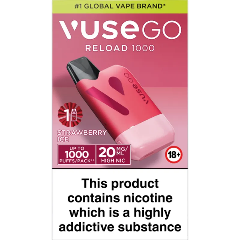 Strawberry ice Vuse GO Reload 1000 pod kit box.